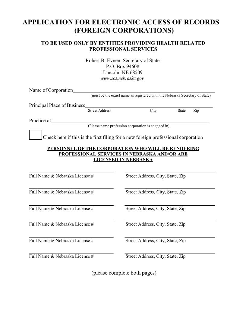 Application For Electronic Access Of Records Foreign Corporations | Pdf Fpdf Docx | Nebraska