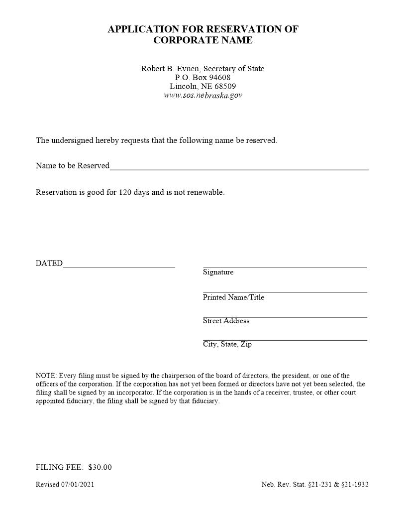 Application For Reservation Of Corporate Name | Pdf Fpdf Docx | Nebraska