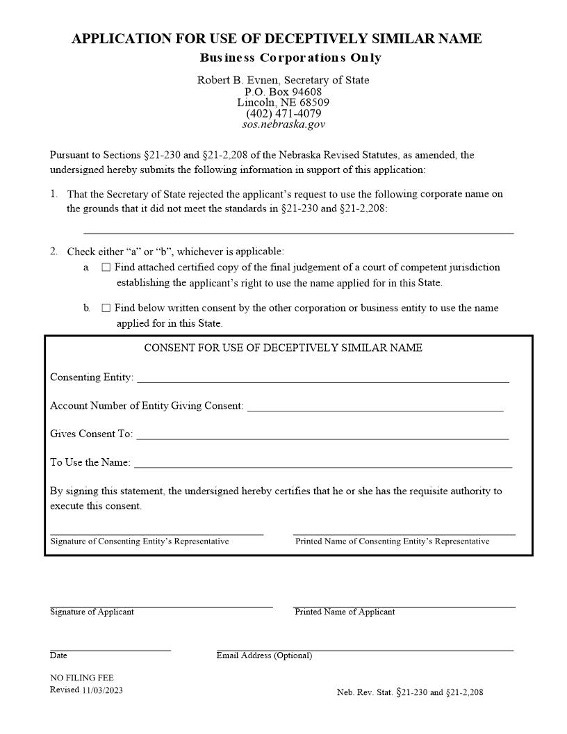Application For Use Of Deceptively Similar Name | Pdf Fpdf Docx | Nebraska