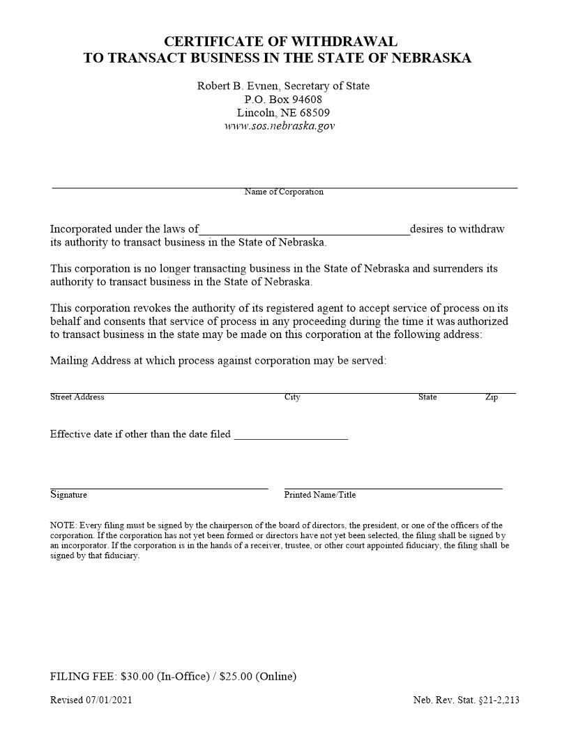 Certificate Of Withdrawal To Transact Business In The State Of Nebraska | Pdf Fpdf Docx | Nebraska