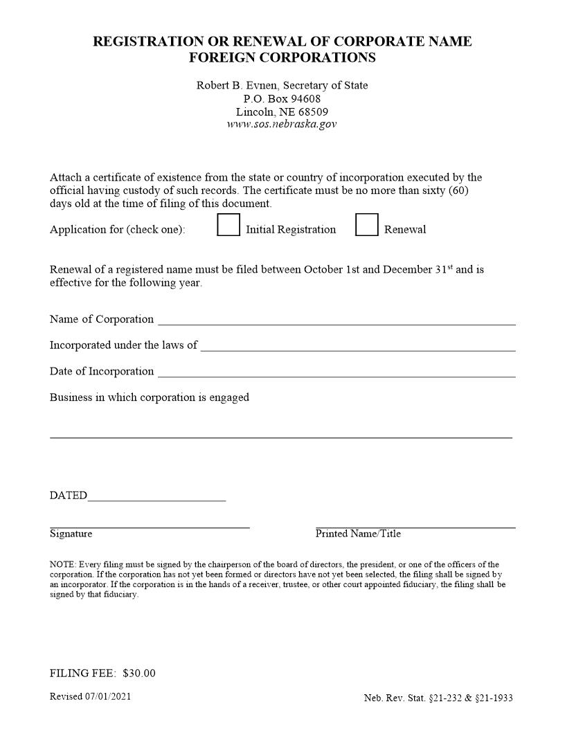 Registration Or Renewal Of Corporate Name (Foreign Corporations) | Pdf Fpdf Docx | Nebraska