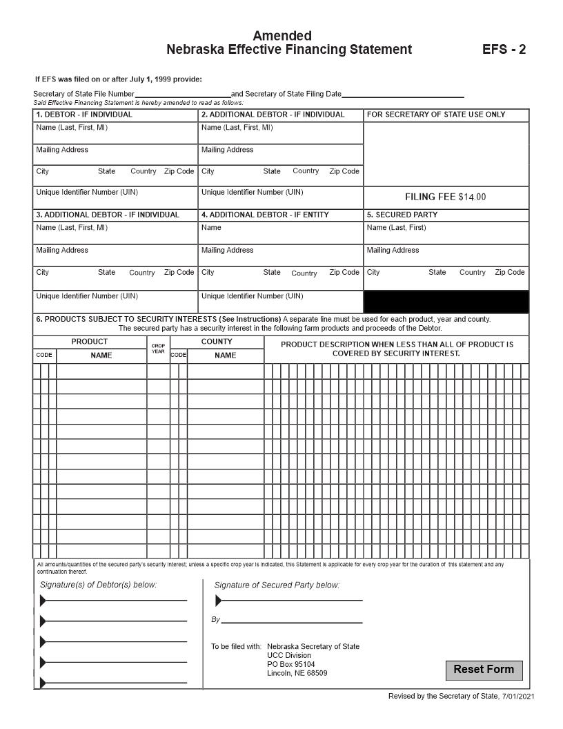 Amended Nebraska Effective Financing Statement {EFS-2} | Pdf Fpdf Doc Docx | Nebraska