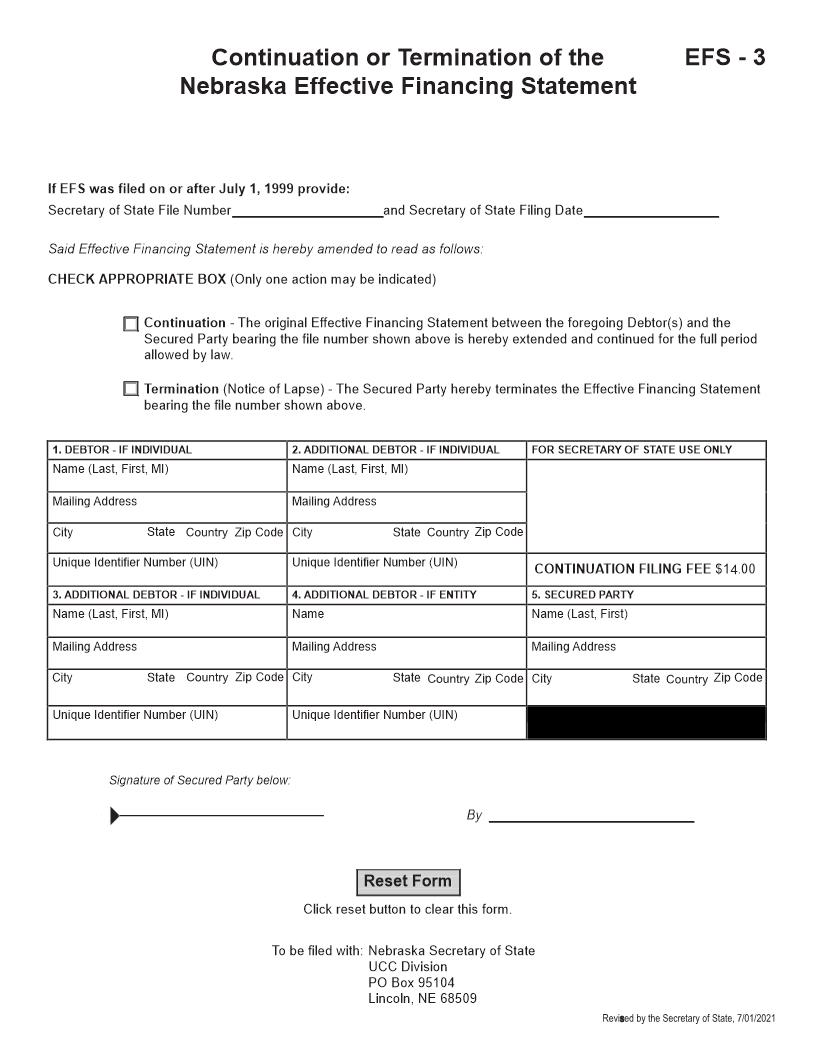 Continuation Or Termination Of Nebraska Effective Financing Statement {EFS-3} | Pdf Fpdf Doc Docx | Nebraska