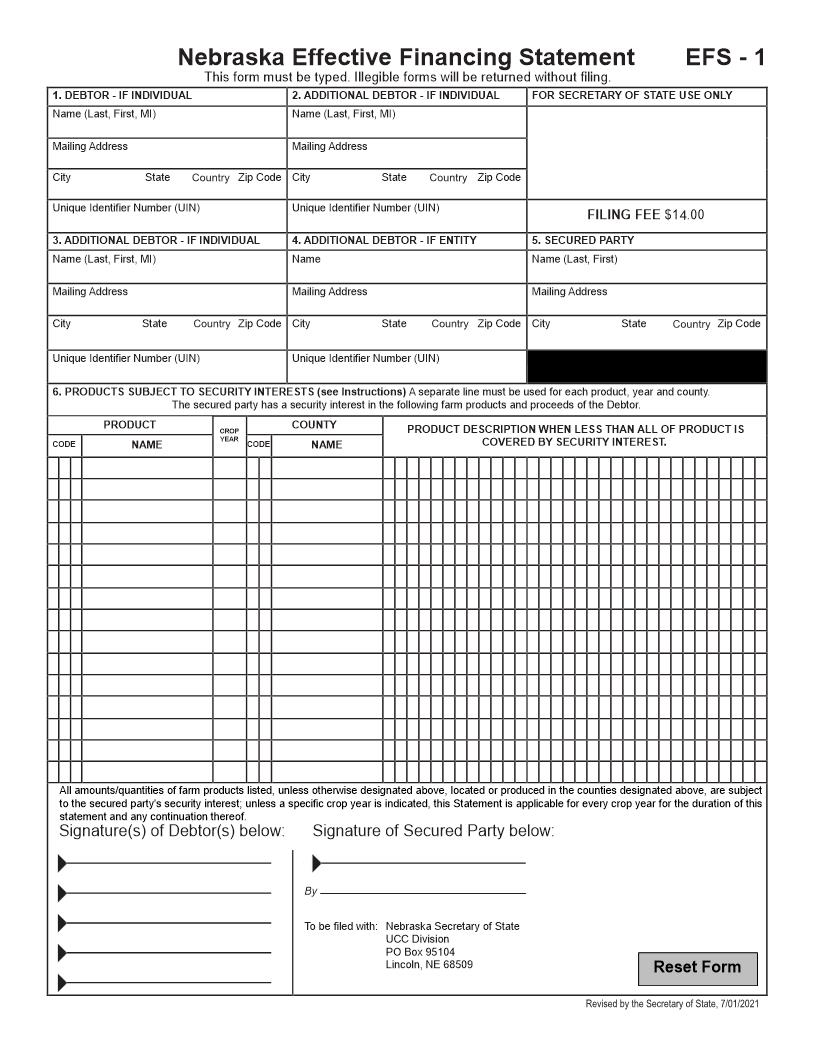 Nebraska Effective Financing Statement {EFS-1} | Pdf Fpdf Doc Docx | Nebraska