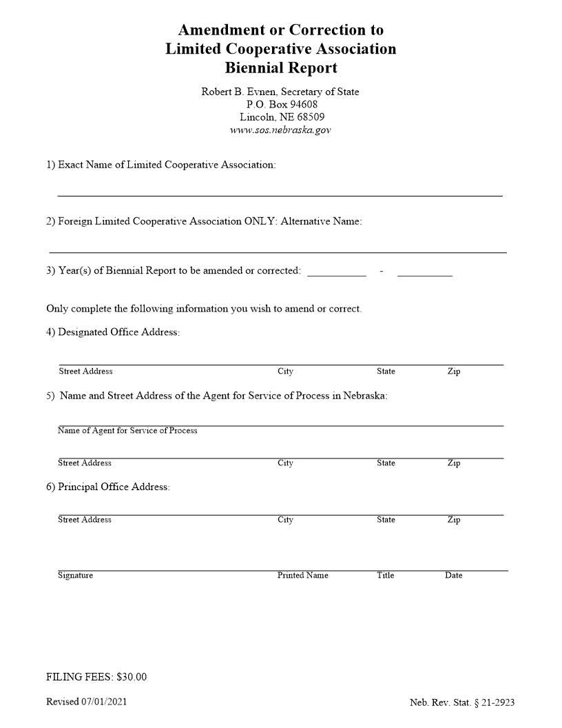 Amendment Or Correction To Limited Cooperative Association Biennial Report | Pdf Fpdf Docx | Nebraska