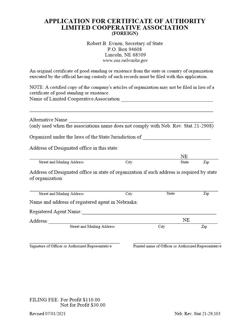 Application For Certificate Of Authority Limited Cooperative Association (Foreign) | Pdf Fpdf Docx | Nebraska