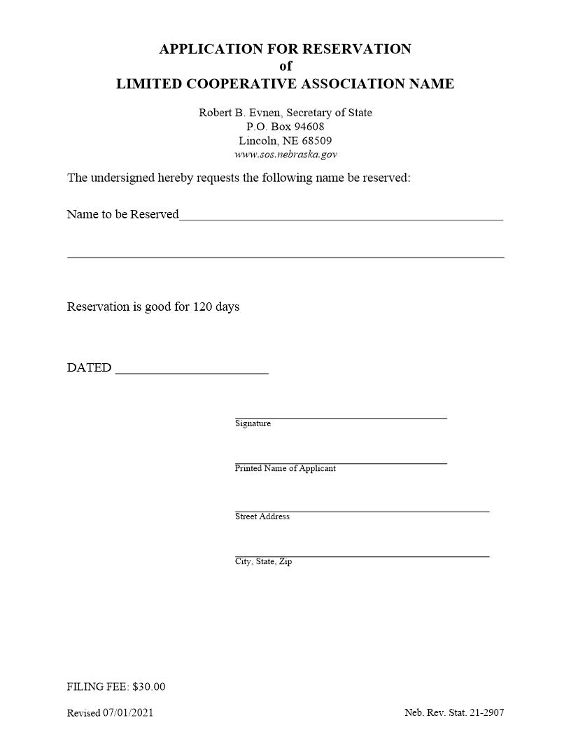 Application For Reservation Of Limited Cooperative Association Name | Pdf Fpdf Docx | Nebraska