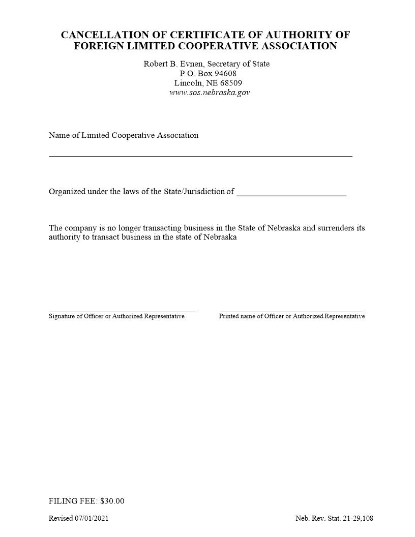 Cancellation Of Certificate Of Authority Of Foreign Limited Cooperative Association | Pdf Fpdf Docx | Nebraska