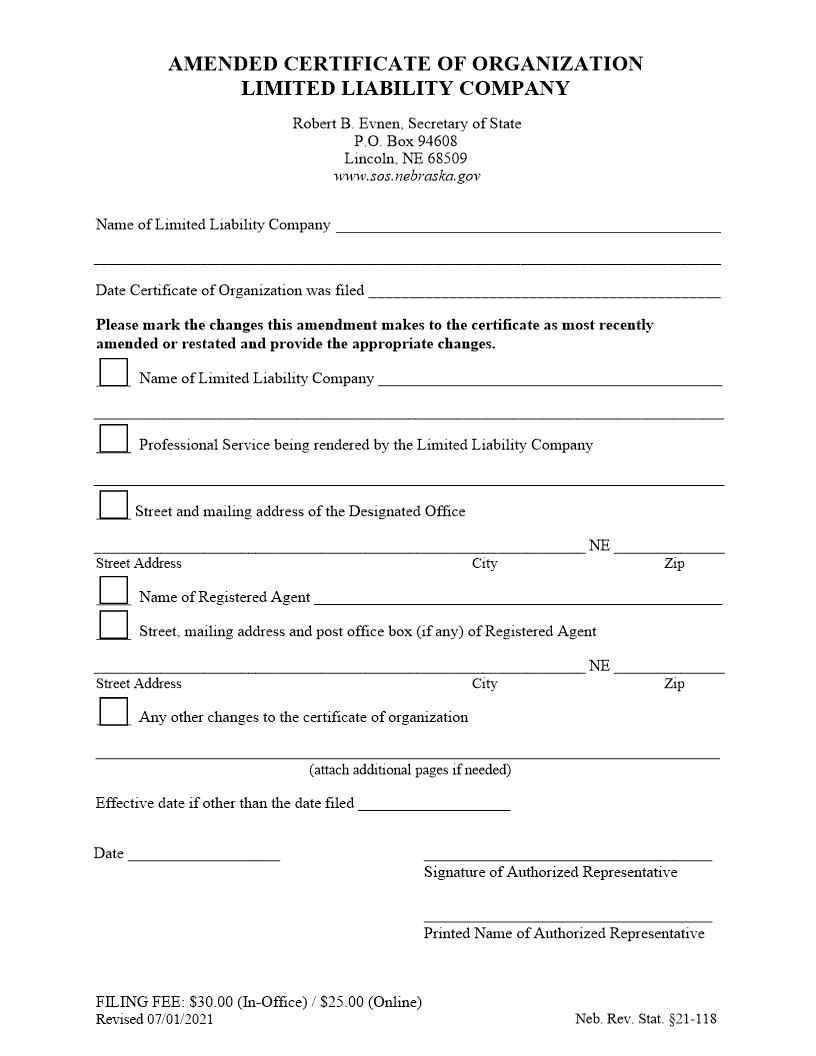 Amended Certificate Of Organization | Pdf Fpdf Docx | Nebraska