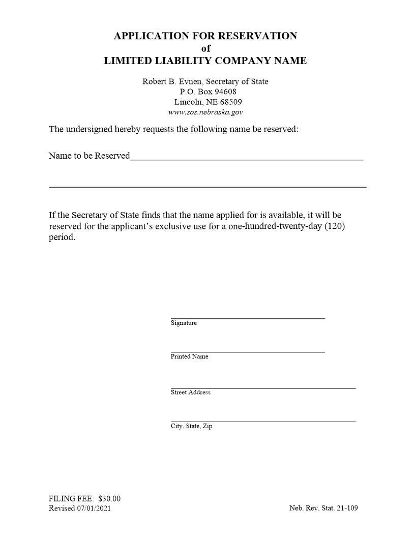 Application For Reservation Of Limited Liability Company Name | Pdf Fpdf Docx | Nebraska