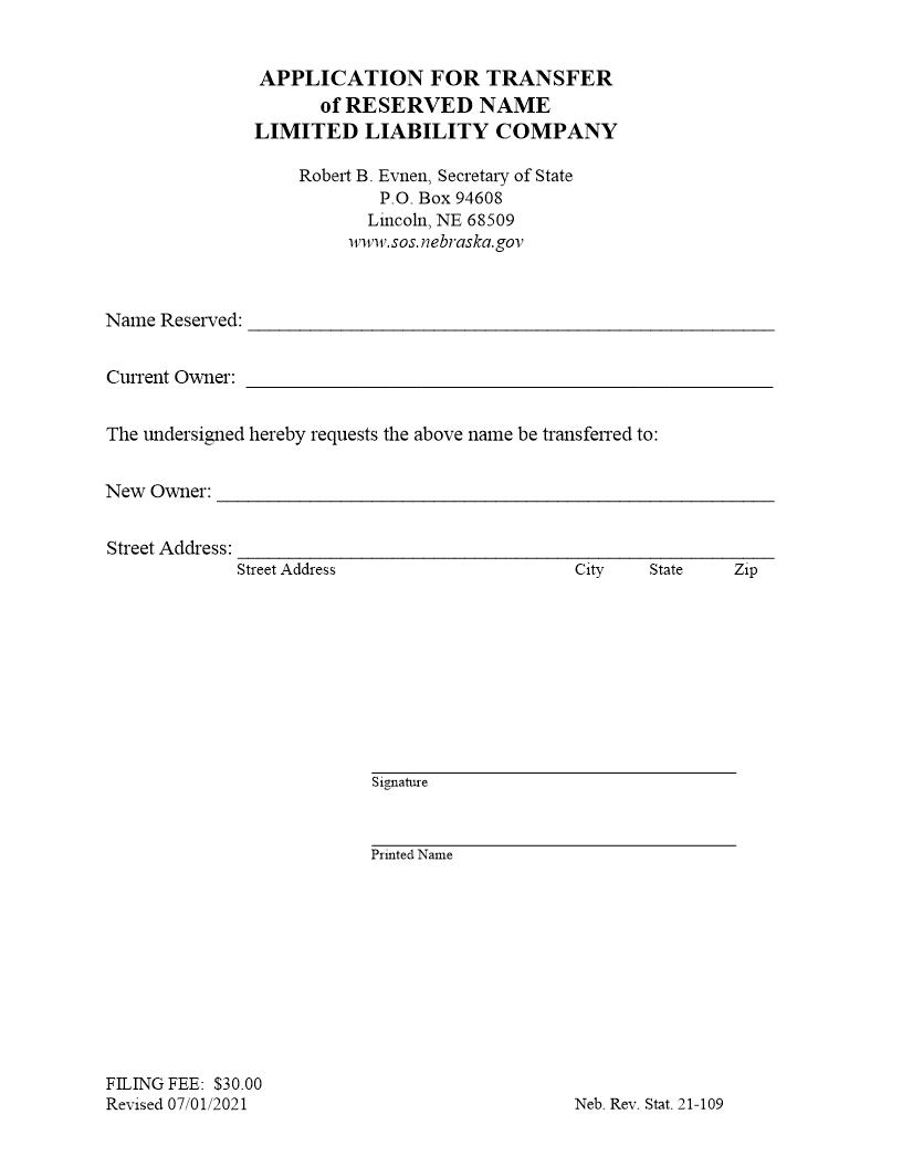 Application For Transfer Of Reserved Name | Pdf Fpdf Docx | Nebraska