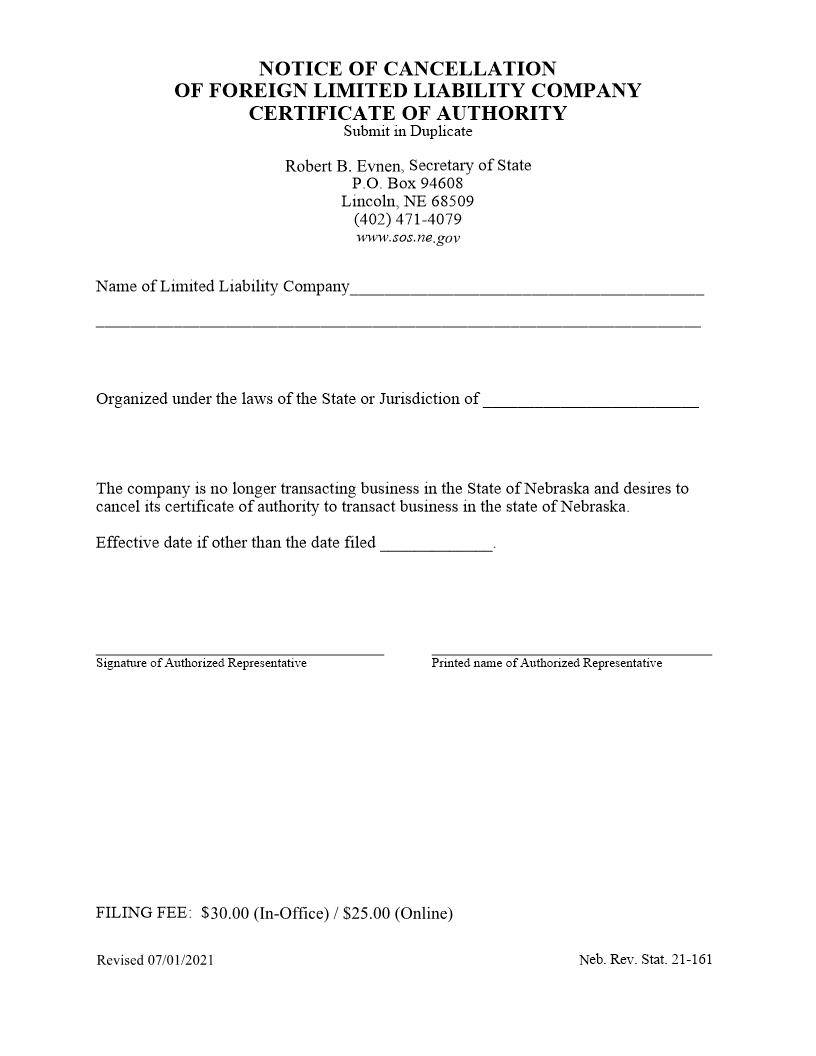 Notice Of Cancellation Of Foreign LLC Certificate Of Authority | Pdf Fpdf Docx | Nebraska