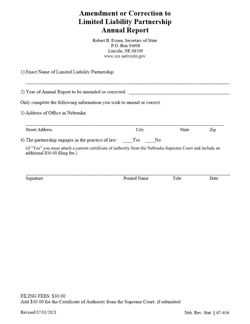 Amendment Or Correction To Limited Liability Partnership Annual Report | Pdf Fpdf Docx | Nebraska