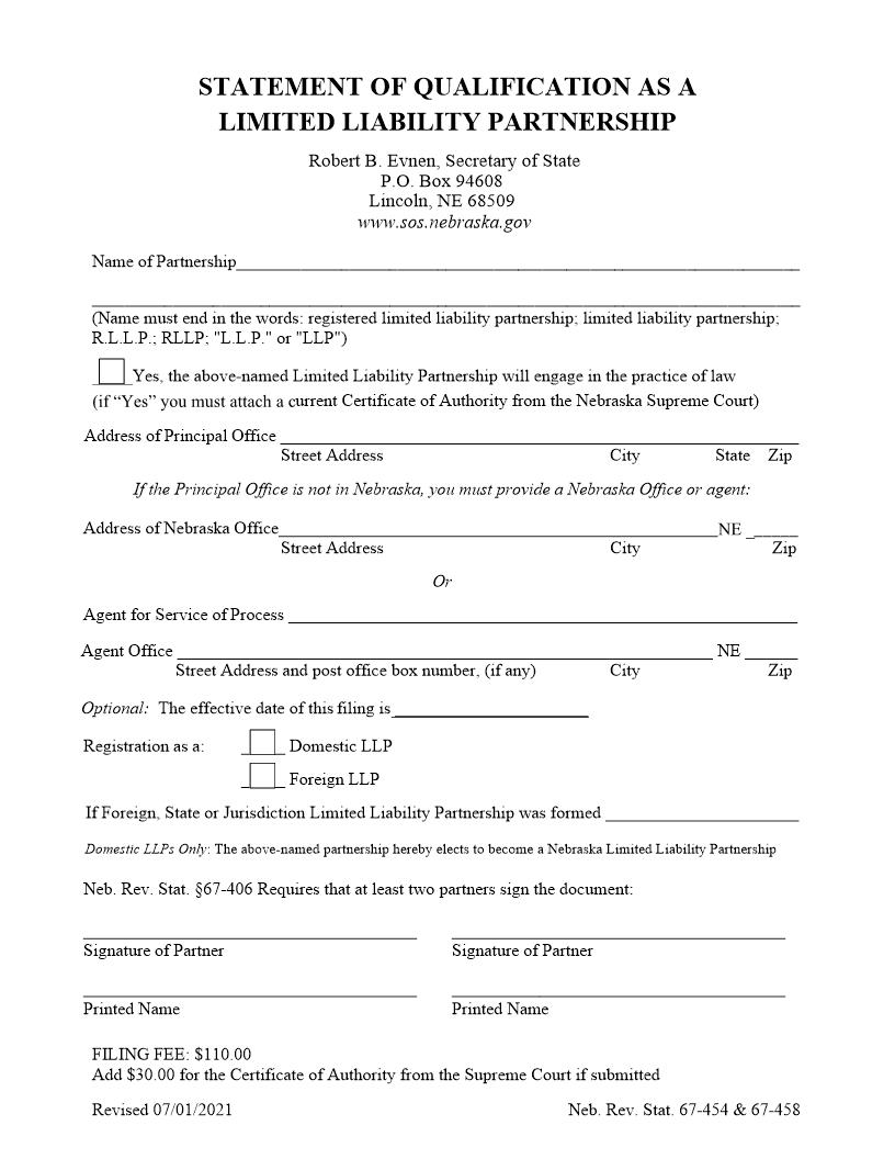 Statement Of Qualification As Limited Liability Partnership | Pdf Fpdf Docx | Nebraska