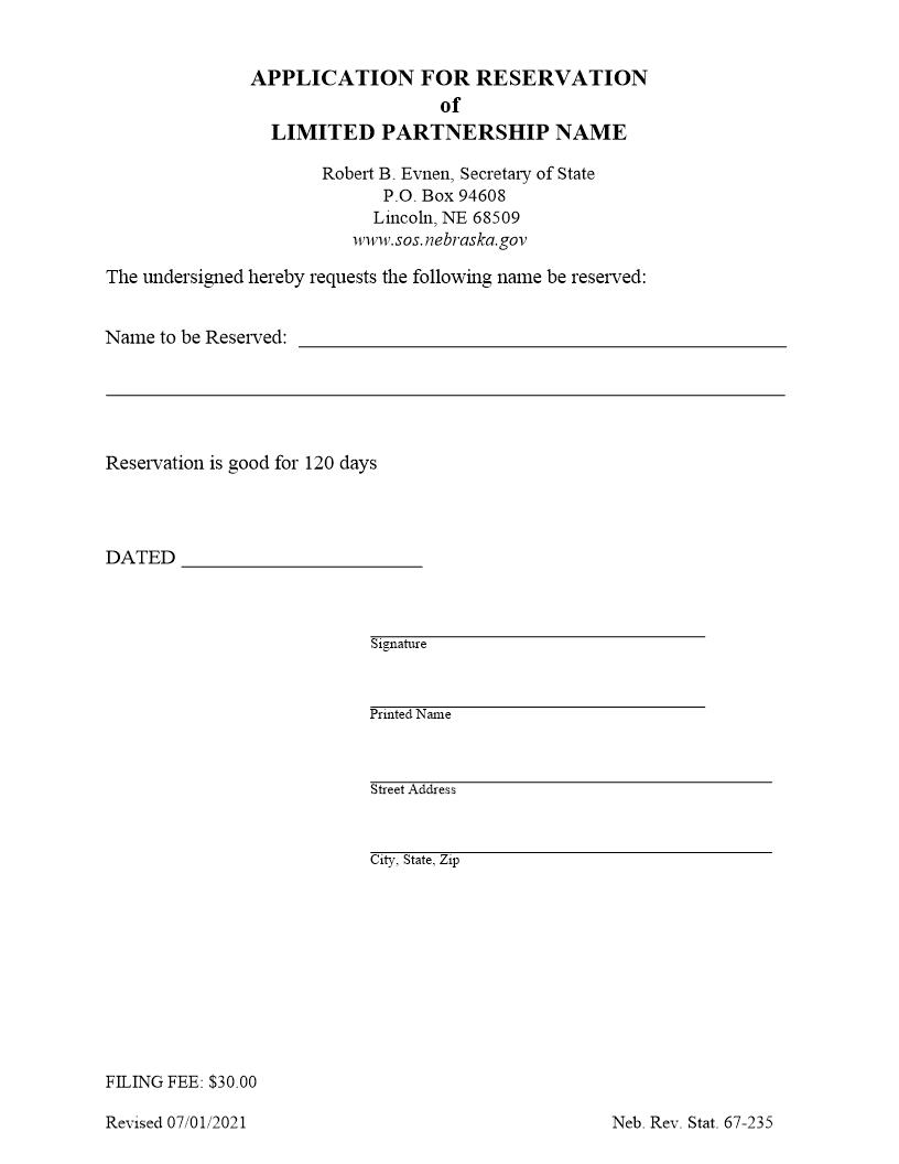 Application For Reservation Of Limited Partnership Name | Pdf Fpdf Docx | Nebraska