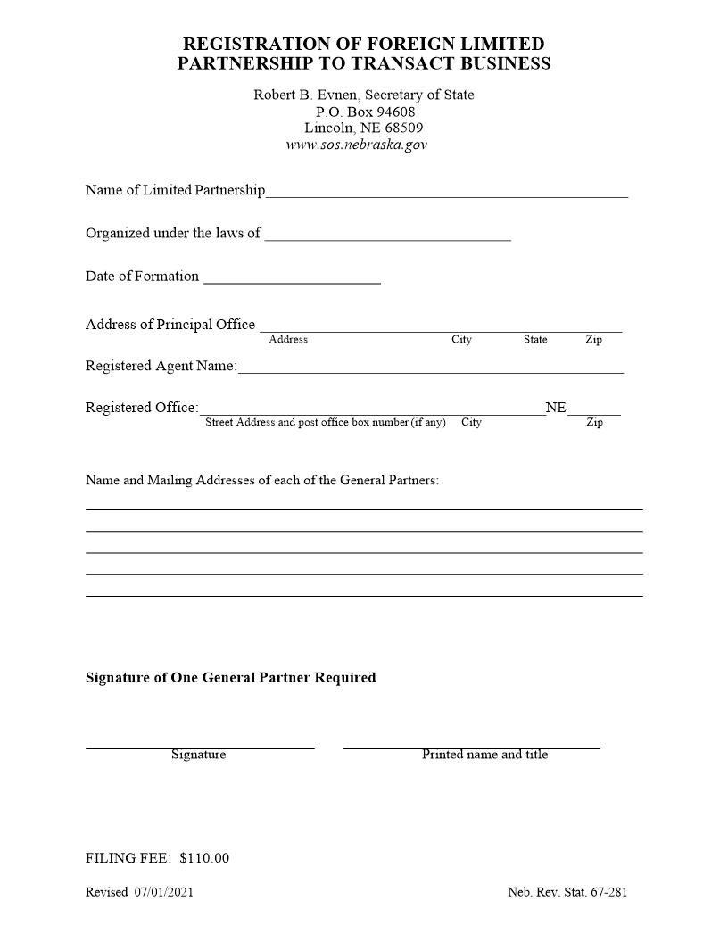 Registration Of Foreign Limited Partnership To Transact Business | Pdf Fpdf Docx | Nebraska