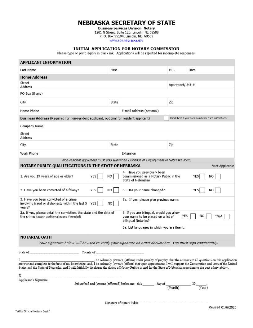 Initial Application For Notary Commission | Pdf Fpdf Docx | Nebraska