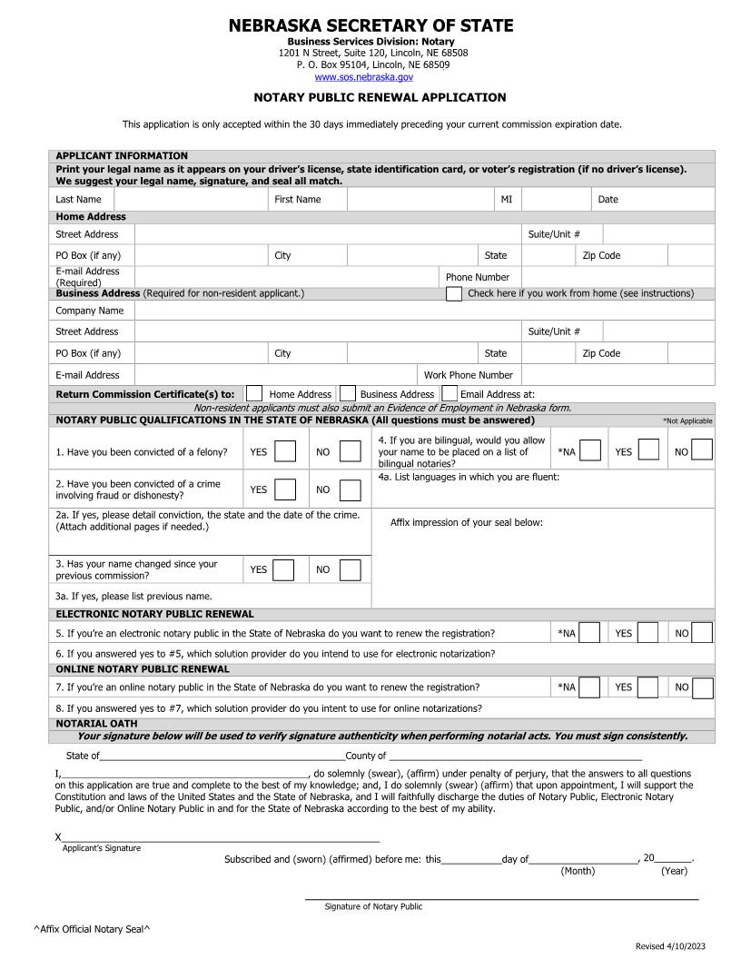 Renewal Application For Notary Commission | Pdf Fpdf Docx | Nebraska