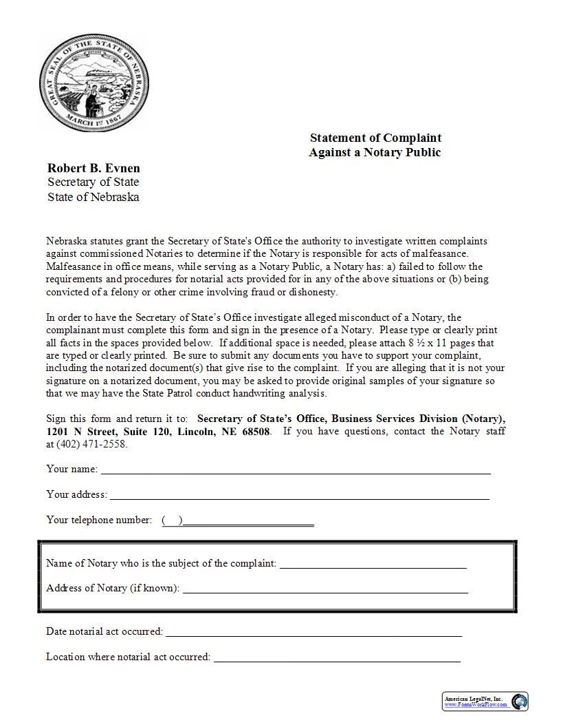 Statement Of Complaint Against A Notary Public | Pdf Fpdf Docx | Nebraska