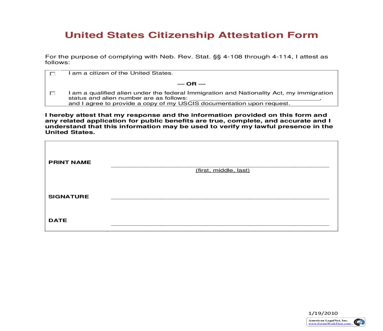 US Citizenship Attestation Form | Pdf Fpdf Doc Docx | Nebraska