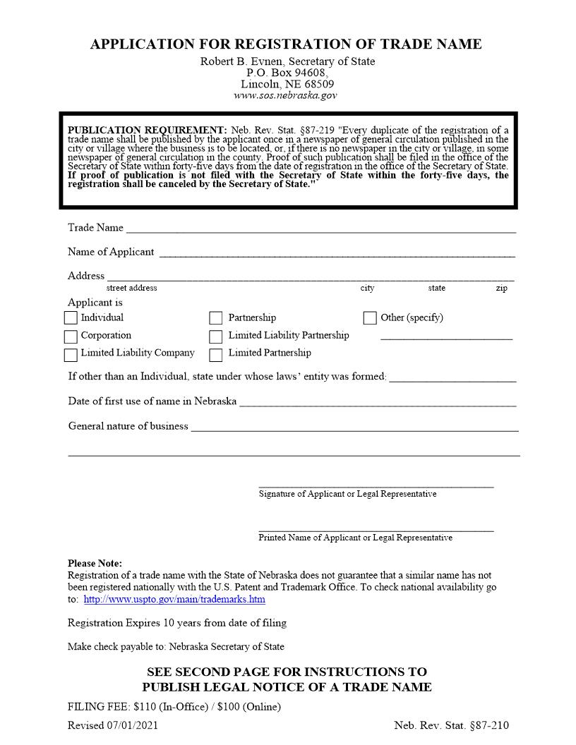 Application For Registration Of Trade Name | Pdf Fpdf Docx | Nebraska
