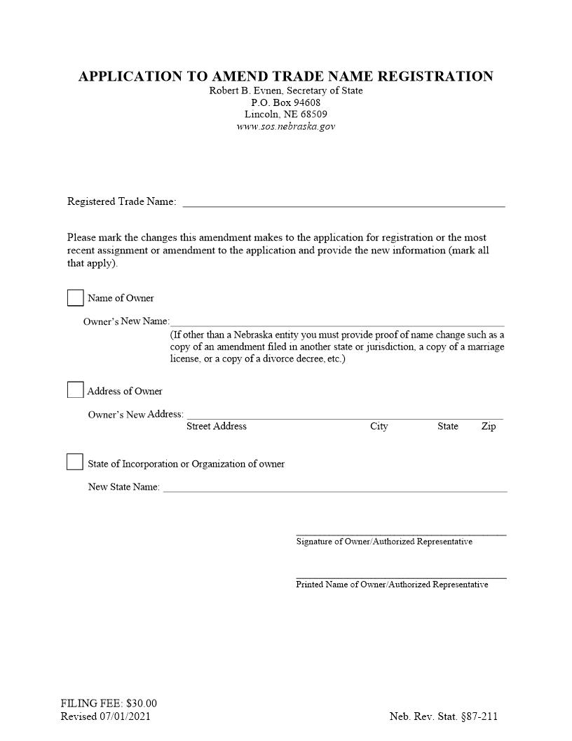 Application To Amend Trade Name Registration | Pdf Fpdf Docx | Nebraska