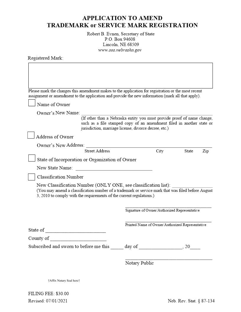 Application To Amend Trademark Or Service Mark | Pdf Fpdf Docx | Nebraska