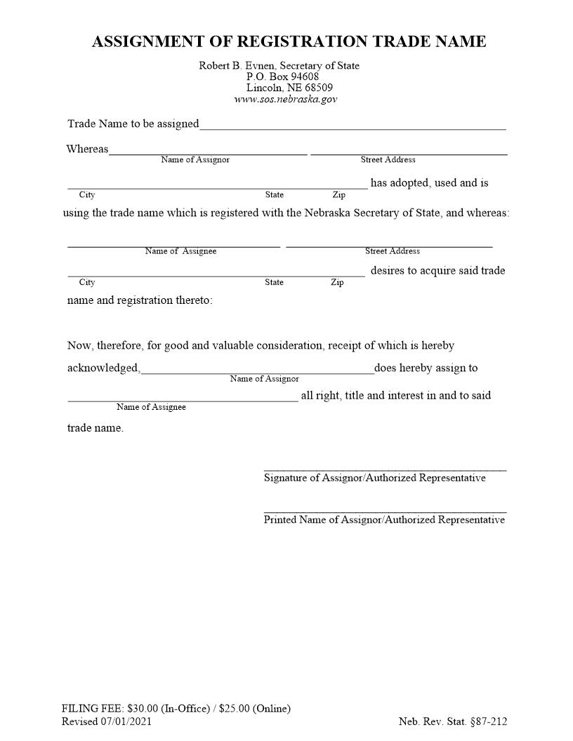 Assignment Of Registration For Trade Name | Pdf Fpdf Docx | Nebraska