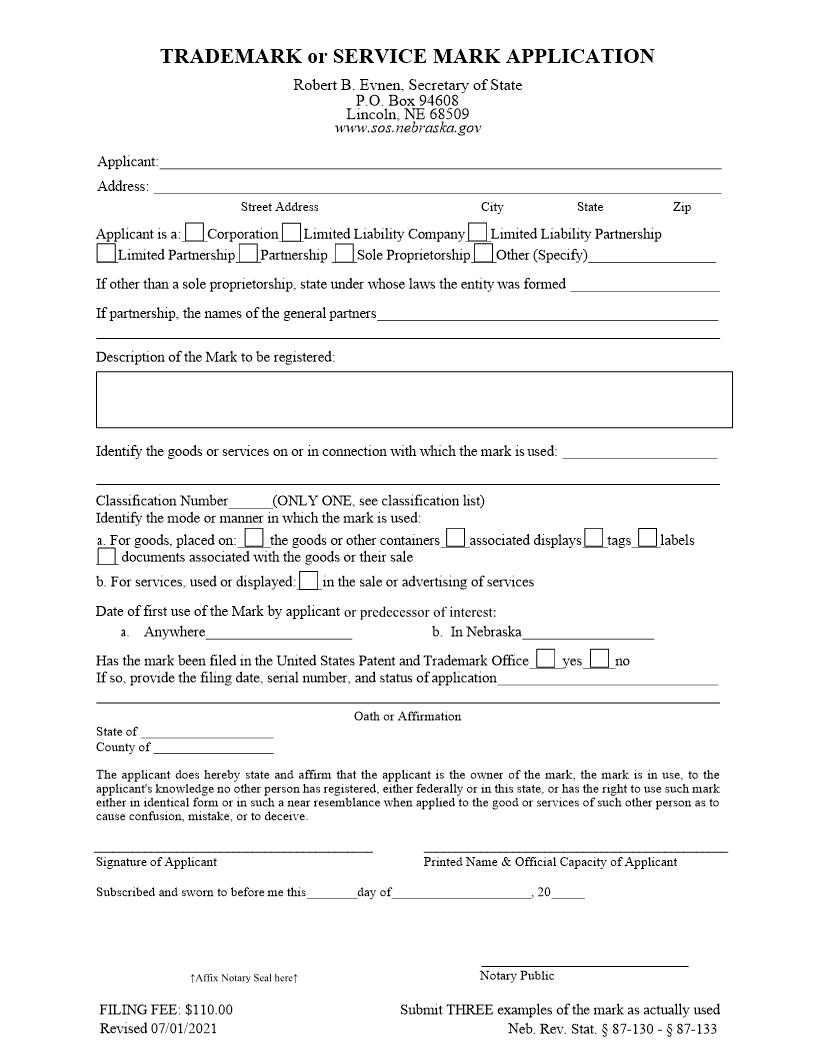 Trademark Or Service Mark Application | Pdf Fpdf Docx | Nebraska
