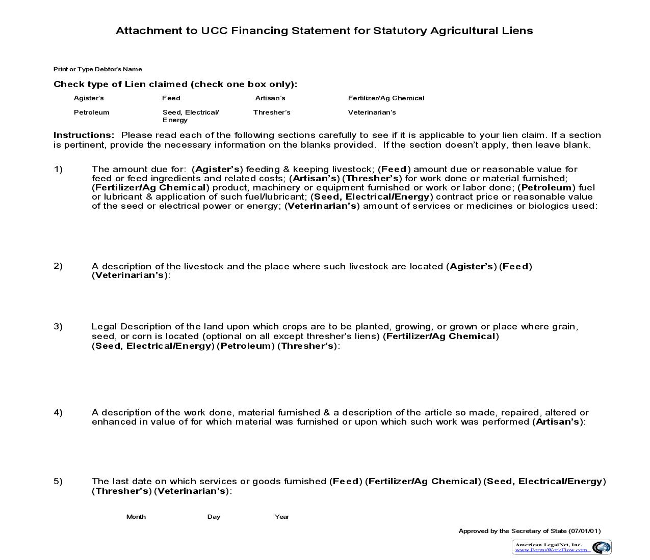Attachment To UCC Financing Statement For Statutory Agricultural Liens | Pdf Fpdf Doc Docx | Nebraska