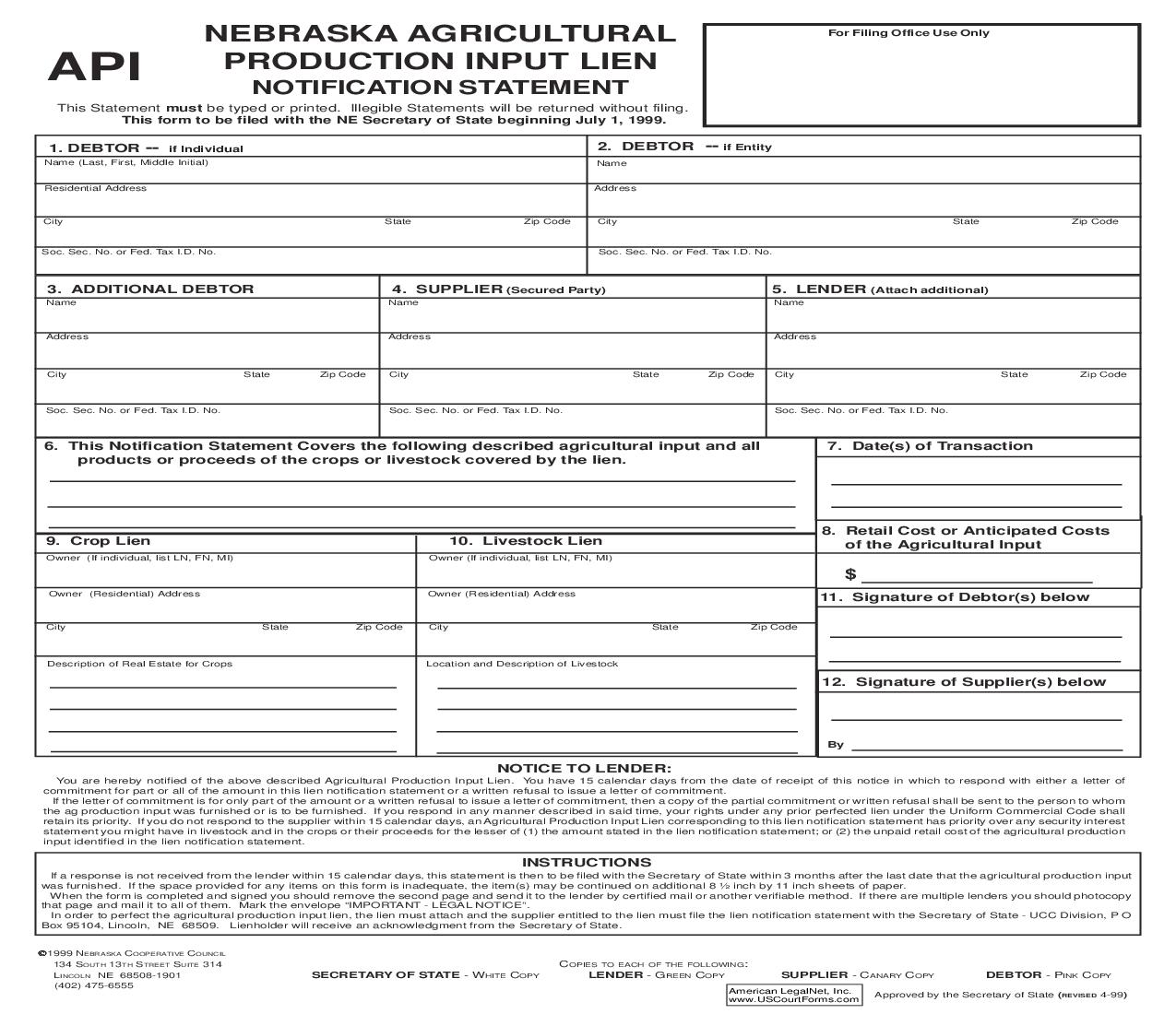 Nebraska Agricultural Production Input Lien Notification Statement | Pdf Fpdf Doc Docx | Nebraska