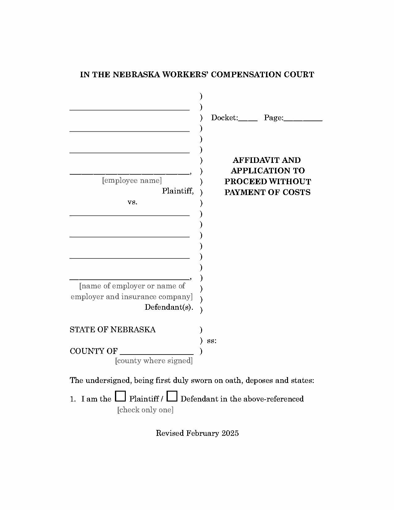 Affidavit And Application To Proceed Without Payment Of Costs | Pdf Fpdf Doc Docx | Nebraska