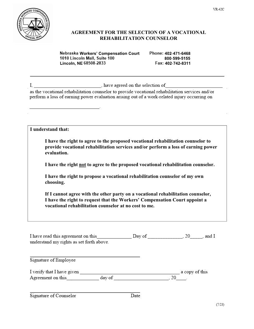 Agreement For Selection Of Vocational Rehabilitation Counselor {VR-42C} | Pdf Fpdf Doc Docx | Nebraska