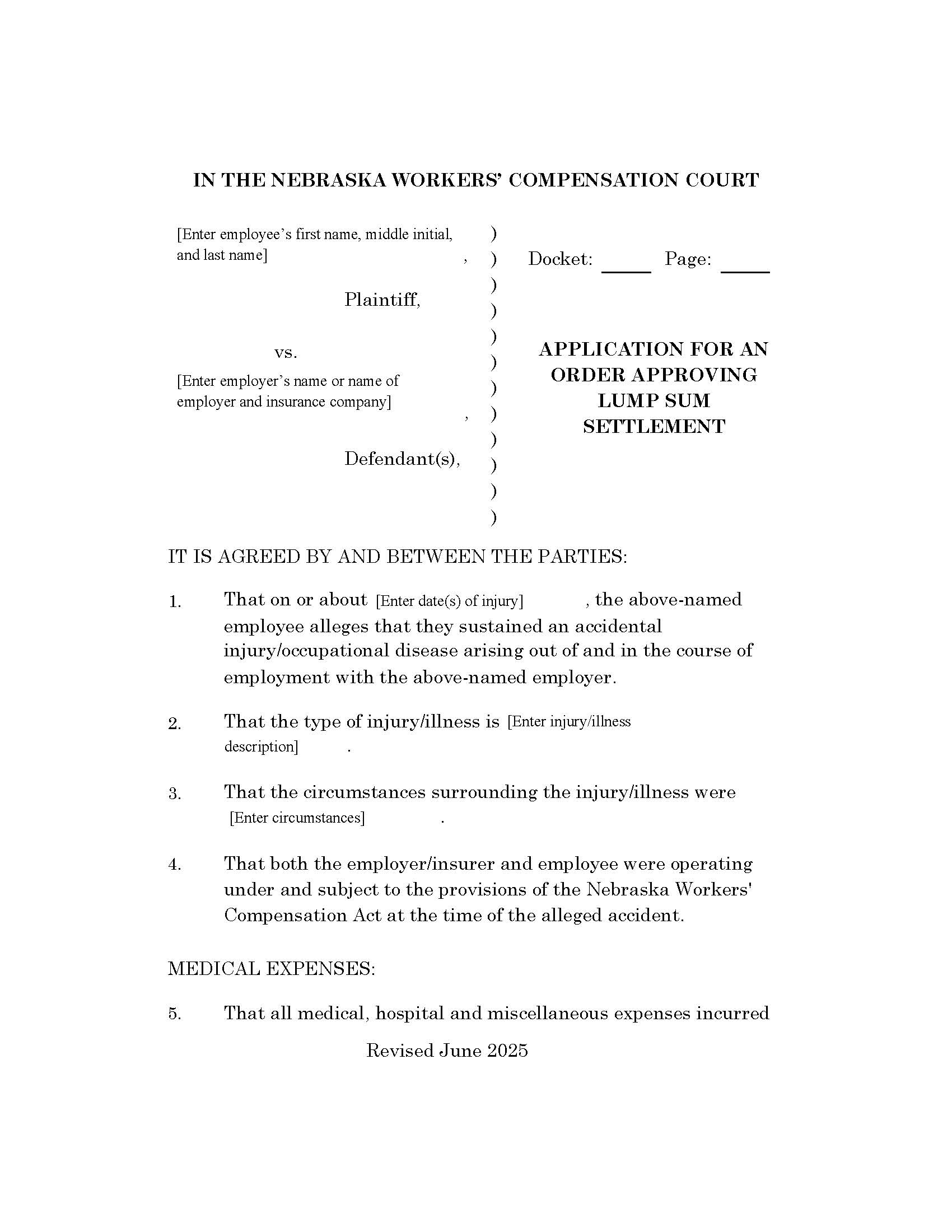 Application For An Order Approving Lump Sum Settlement | Pdf Fpdf Doc Docx | Nebraska