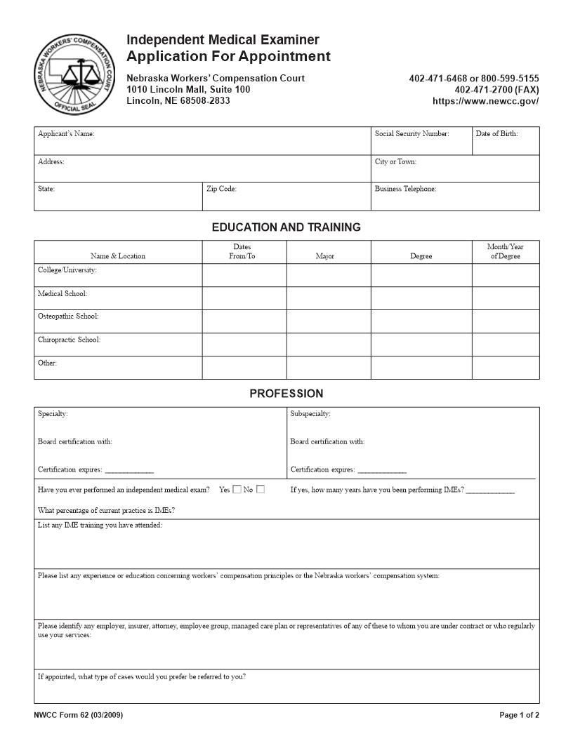 Independent Medical Examiner Application For Appointment  {Form 62} | Pdf Fpdf Doc Docx | Nebraska