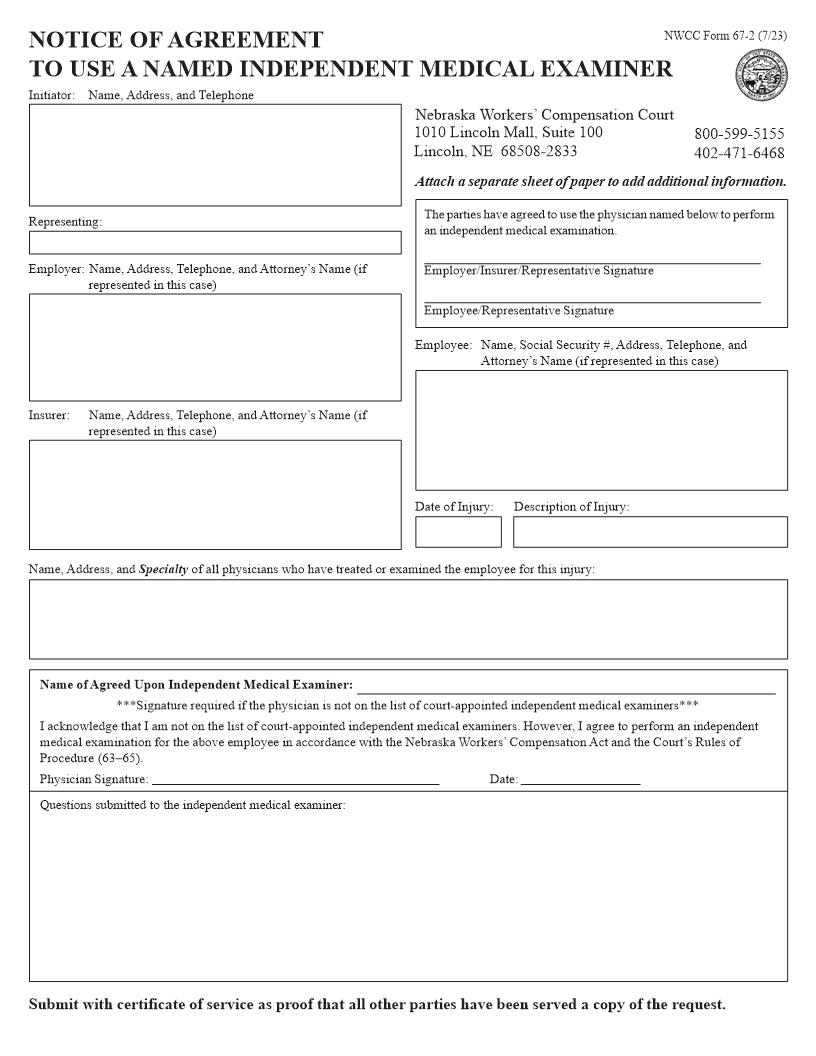 Notice Of Agreement To Use Named Independent Medical Examiner {67-2} | Pdf Fpdf Doc Docx | Nebraska