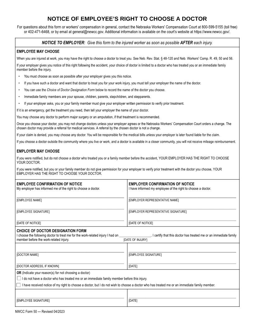 Notice Of Employees Right To Choose A Doctor {50} | Pdf Fpdf Docx | Nebraska