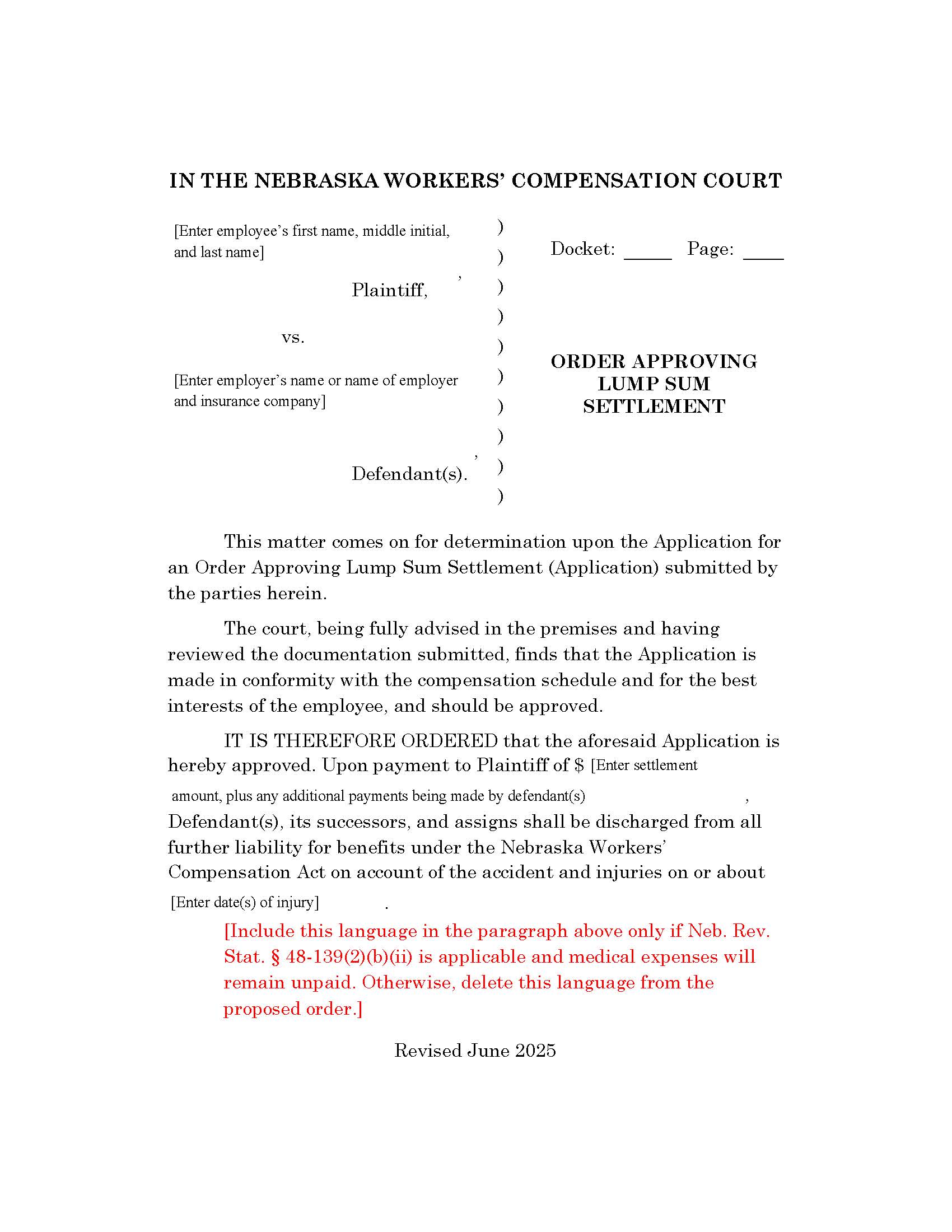 Order Approving Lump Sum Settlement | Pdf Fpdf Doc Docx | Nebraska