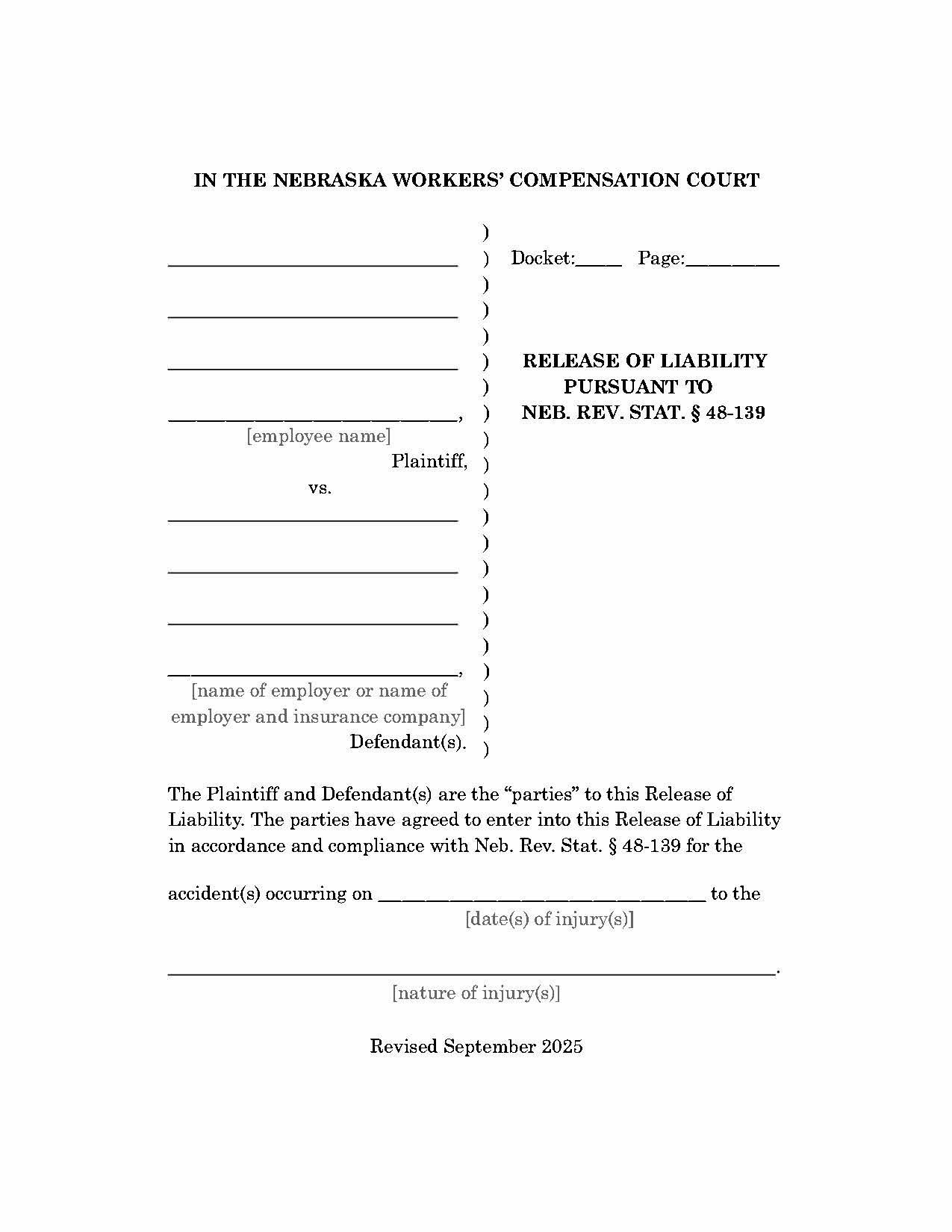 Release Of Liability | Pdf Fpdf Doc Docx | Nebraska