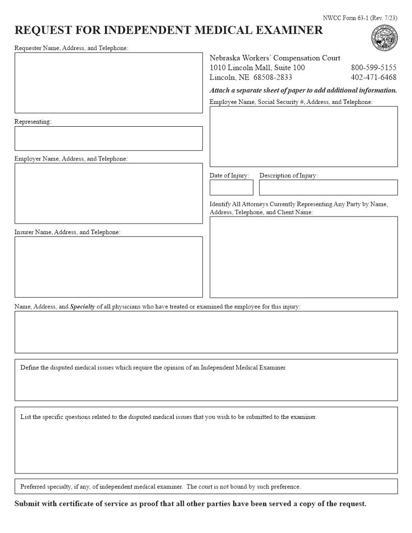 Request For Independent Medical Examiner {63-1} | Pdf Fpdf Doc Docx | Nebraska