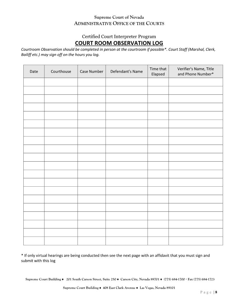 AOC Courtroom Observation Hours Log | Pdf Fpdf Docx | Nevada