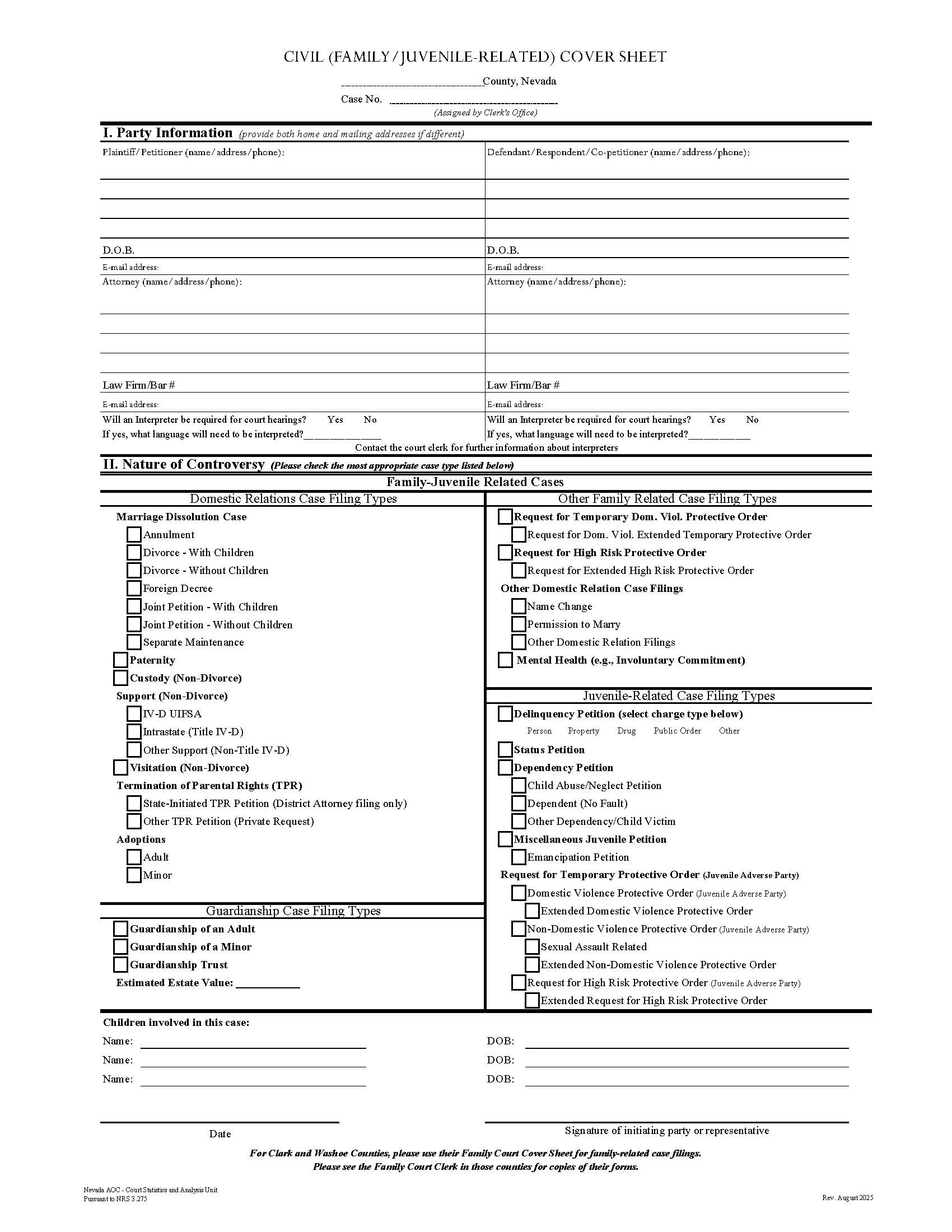 Civil (Family Or Juvenile Related) Cover Sheet | Pdf Fpdf Doc Docx | Nevada