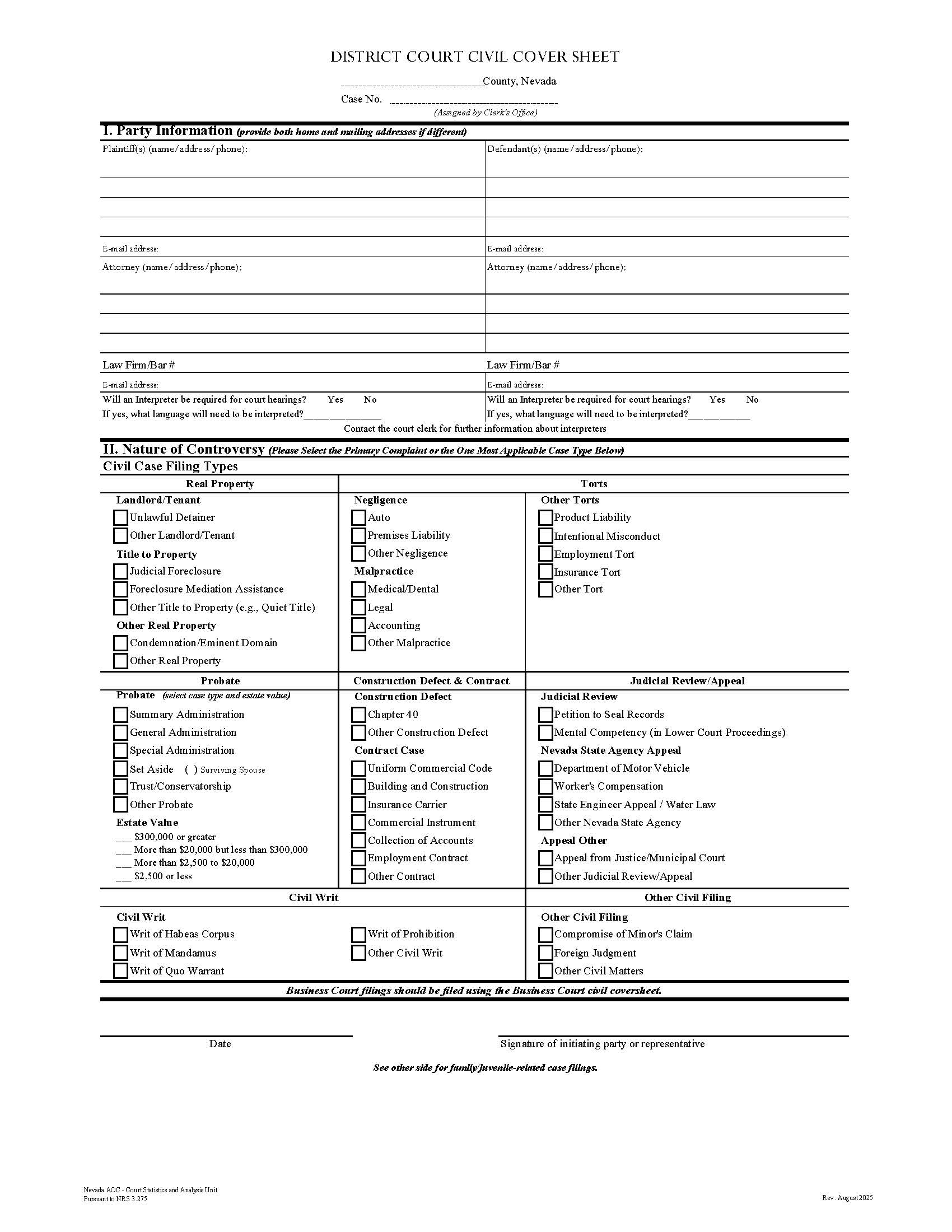 District Court Civil Cover Sheet | Pdf Fpdf Docx | Nevada