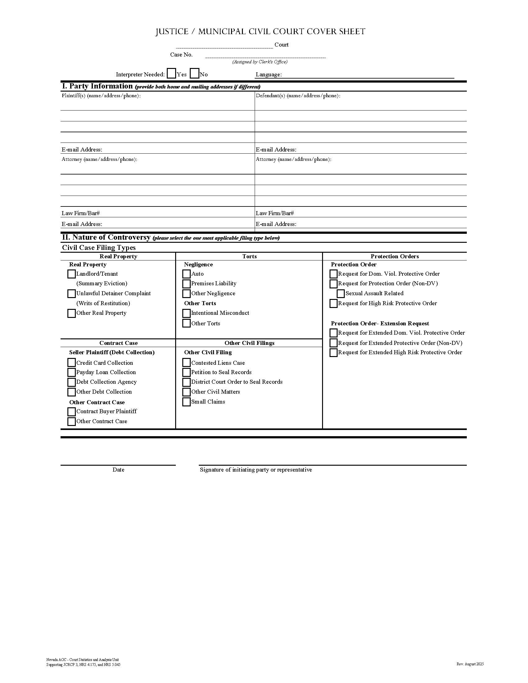 Justice Or Municipal Civil Court Cover Sheet | Pdf Fpdf Docx | Nevada