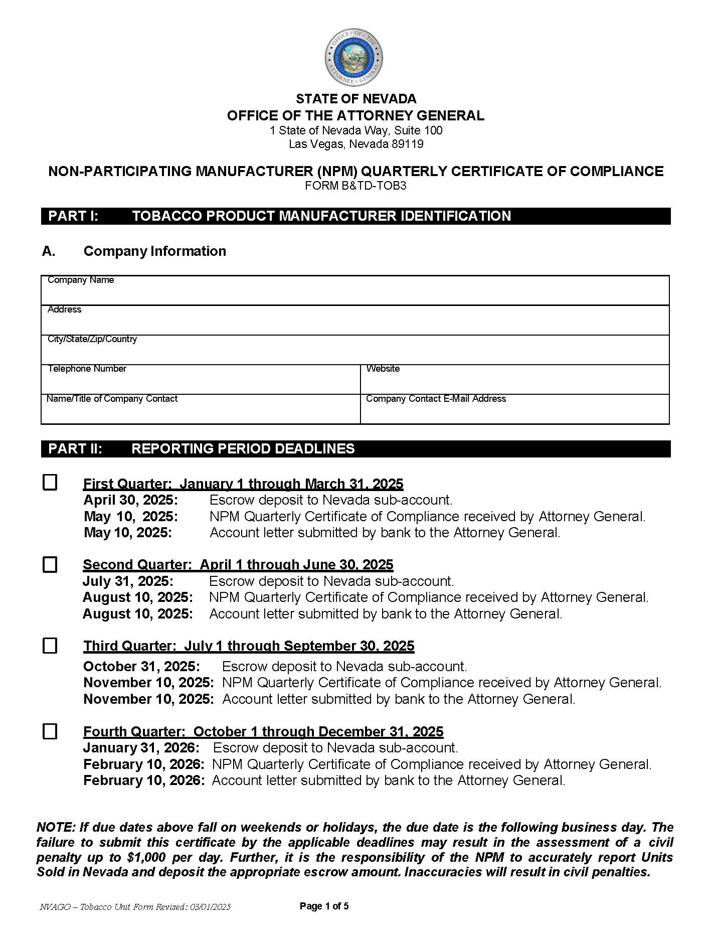Non-Participating Manufacturer (NPM) Quarterly Certificate Of Compliance {B&TD-TOB3} | Pdf Fpdf Docx | Nevada
