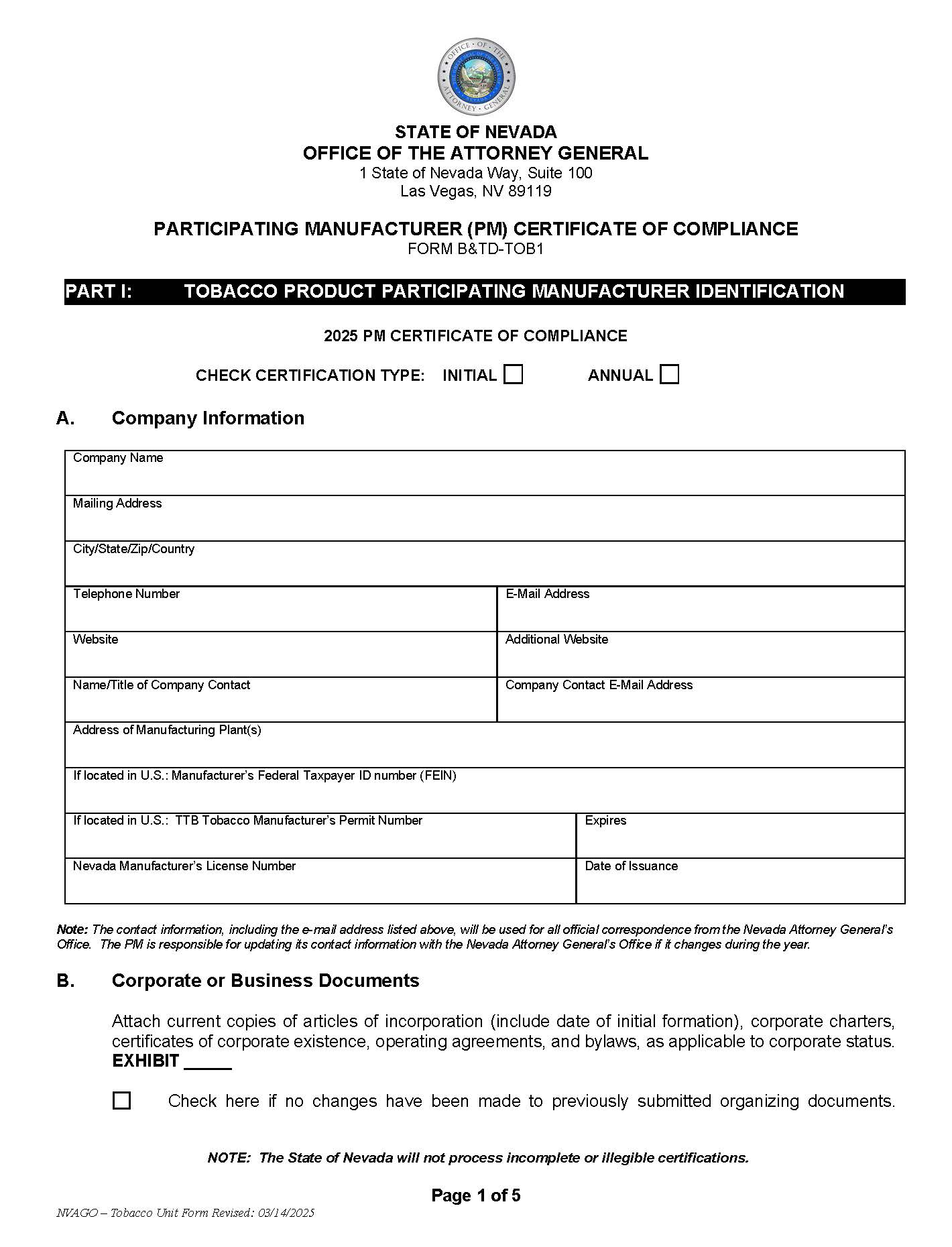 Participating Manufacturer (PM) Certificate Of Compliance {B&TD-TOB1} | Pdf Fpdf Docx | Nevada