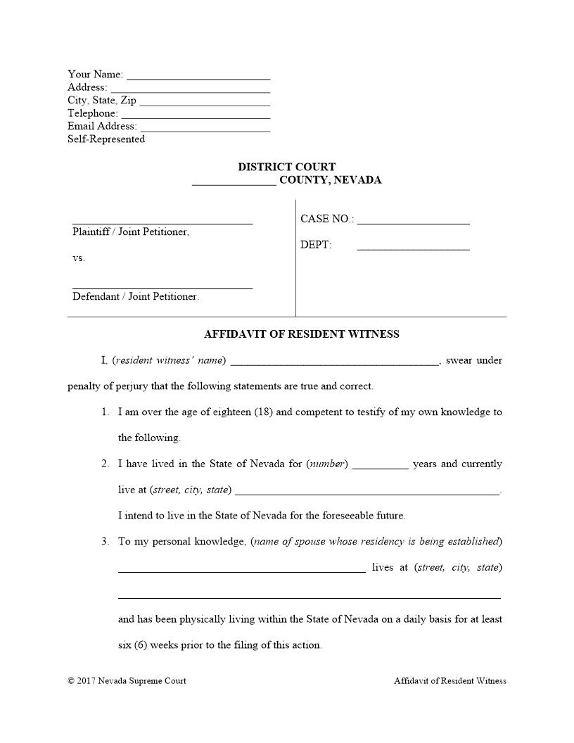 Affidavit Of Resident Witness | Pdf Fpdf Doc Docx | Nevada