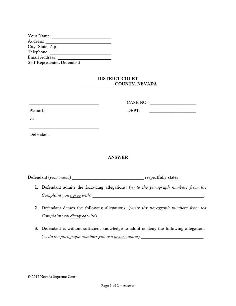 Answer To Complaint For Divorce (No Counterclaim) | Pdf Fpdf Doc Docx | Nevada