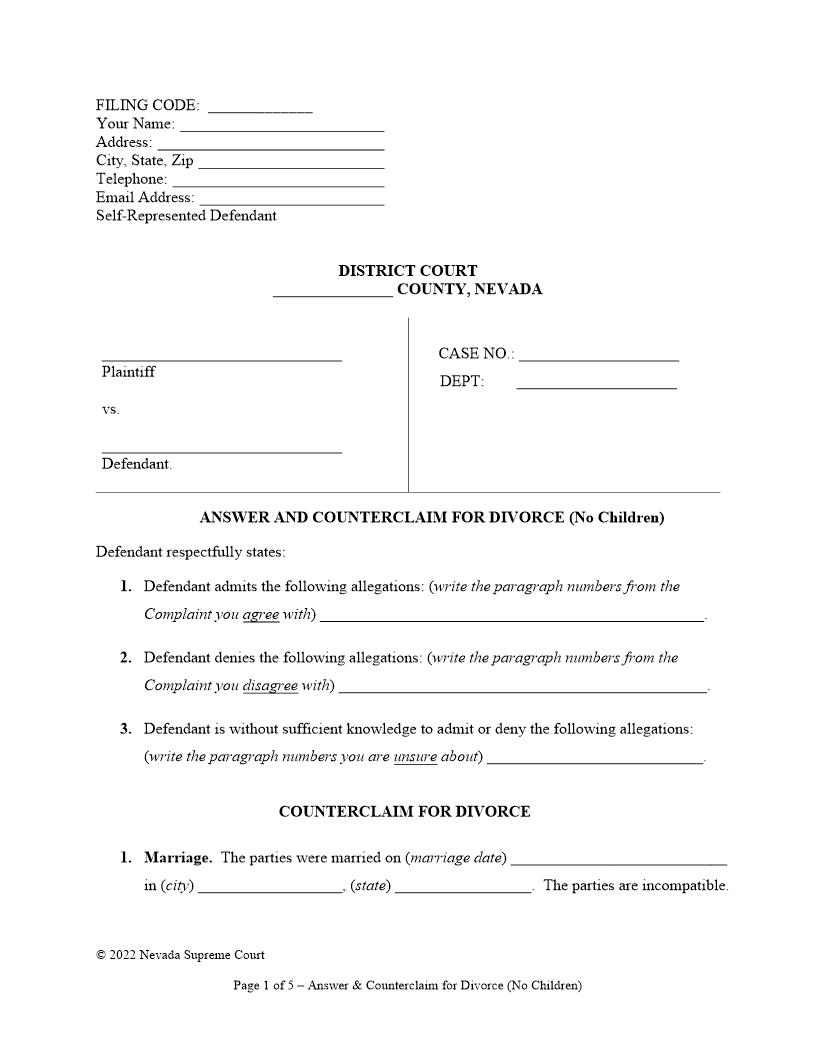 Answer To Complaint For Divorce And Counterclaim (No Children) | Pdf Fpdf Doc Docx | Nevada