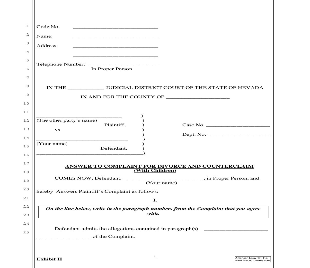 Answer To Complaint For Divorce And Counterclaim (With Children) | Pdf Fpdf Doc Docx | Nevada
